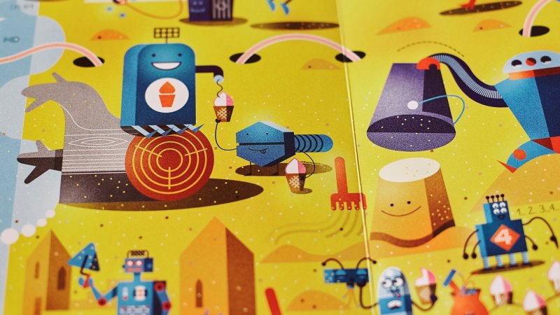 "Roboty" to picturebook z rewelacyjnymi planszami autorstwa Pawła Kłudkiewicza (fot. Ewelina Zielińska)