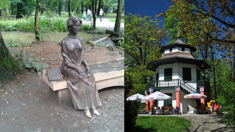 Rzeźba Alicji Habsburg zaprasza do zwiedzania Parku Miniatur. W Domku Chińskim znajduje się kawiarnia (fot. wikipedia)
