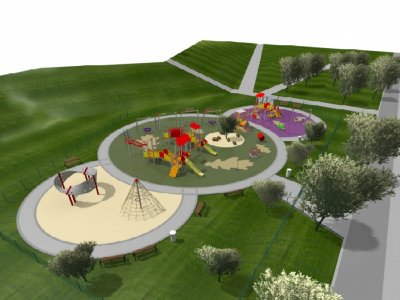 Wizualizacja nowego placu zabaw, który powstaje w Parku Hallera w Dąbrowie Górniczej (fot. materiały organizatora)